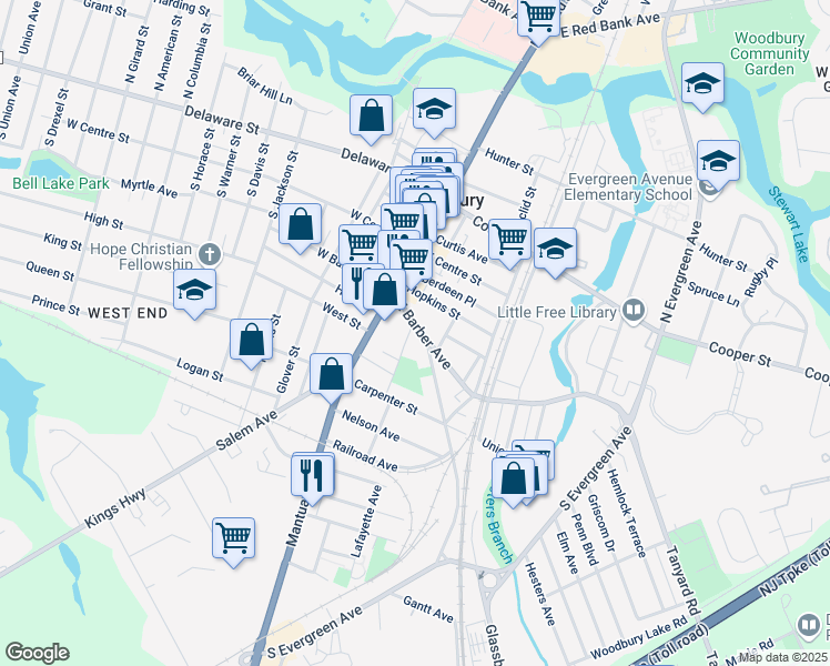map of restaurants, bars, coffee shops, grocery stores, and more near 29 East Barber Avenue in Woodbury