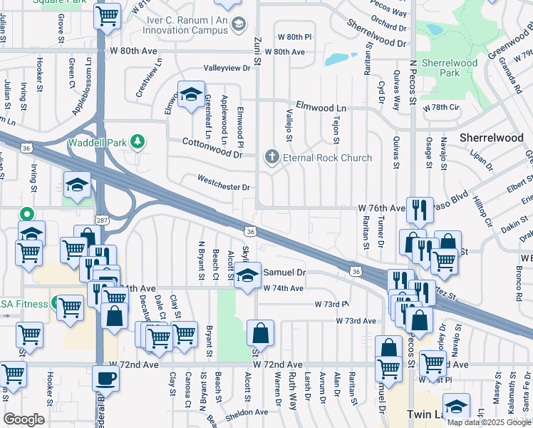map of restaurants, bars, coffee shops, grocery stores, and more near 2380 West 76th Avenue in Denver