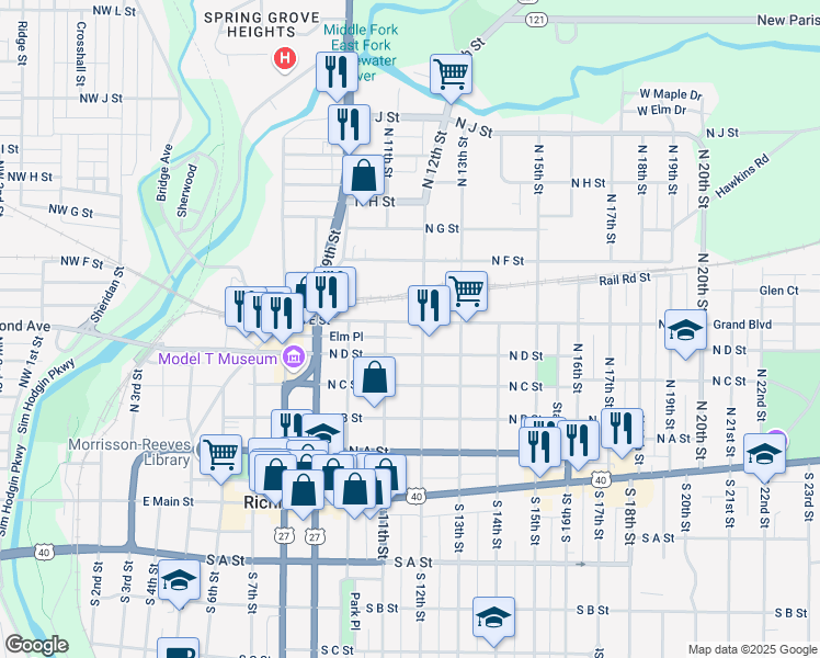 map of restaurants, bars, coffee shops, grocery stores, and more near 1117 North E Street in Richmond