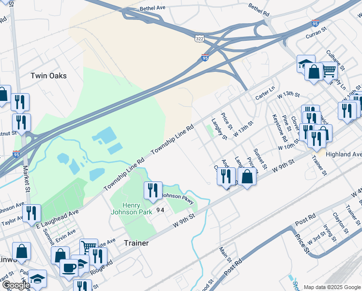 map of restaurants, bars, coffee shops, grocery stores, and more near 5 Nealy Boulevard in Trainer