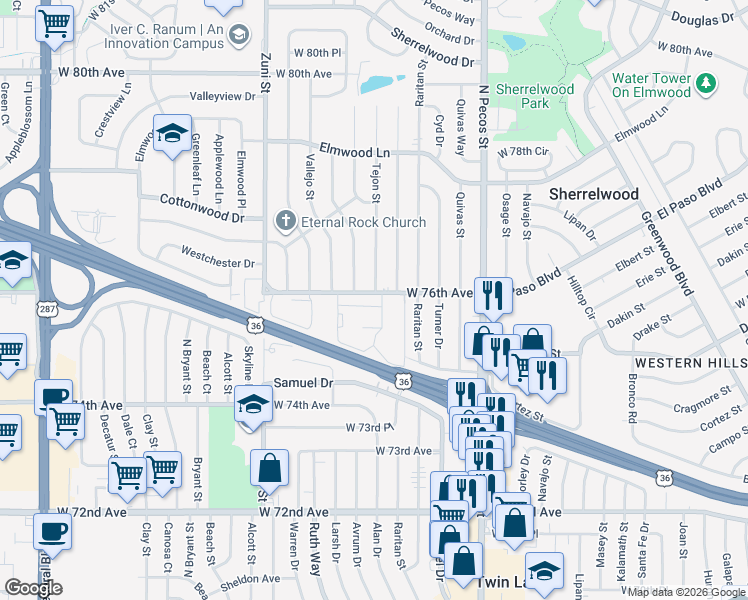 map of restaurants, bars, coffee shops, grocery stores, and more near 2000 West 76th Avenue in Westminster