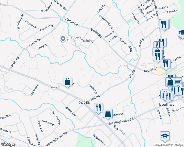 map of restaurants, bars, coffee shops, grocery stores, and more near 64 Brentwood Road in Delaware County