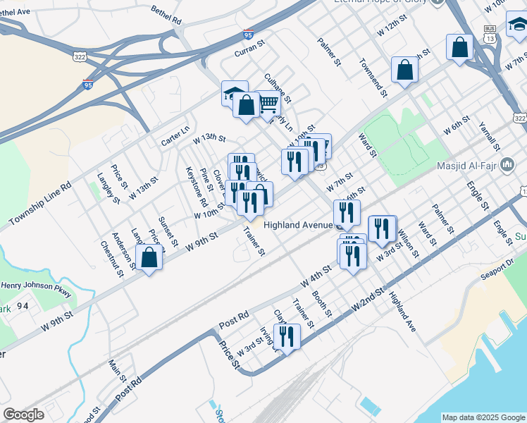 map of restaurants, bars, coffee shops, grocery stores, and more near 3031 West 9th Street in Chester