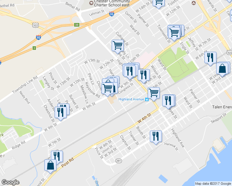map of restaurants, bars, coffee shops, grocery stores, and more near 3031 West 9th Street in Chester