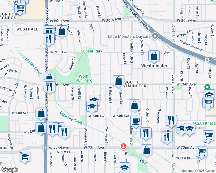 map of restaurants, bars, coffee shops, grocery stores, and more near 7574 Raleigh Street in Westminster