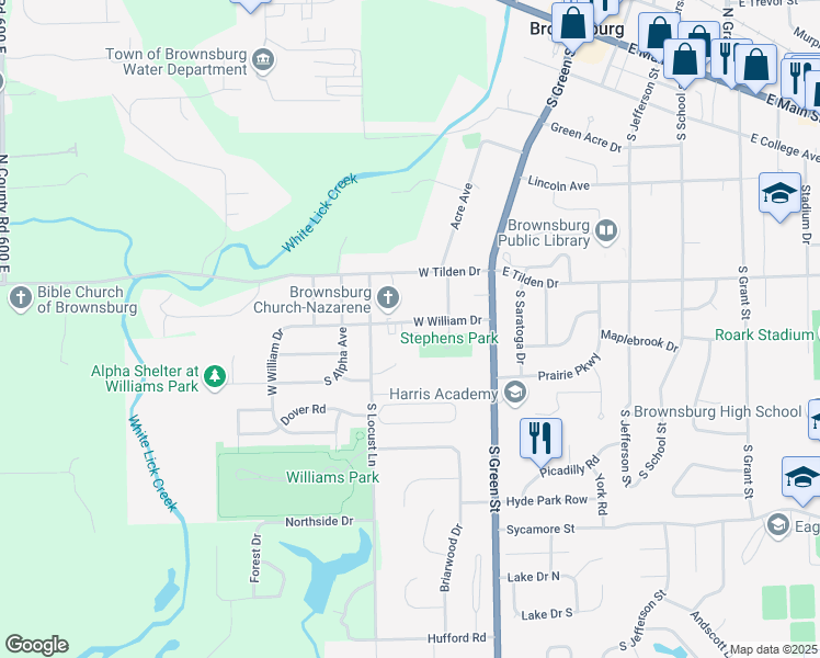 map of restaurants, bars, coffee shops, grocery stores, and more near 121 West William Drive in Brownsburg