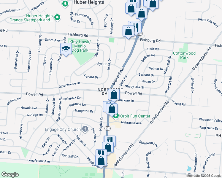 map of restaurants, bars, coffee shops, grocery stores, and more near Brandt Pike in Dayton