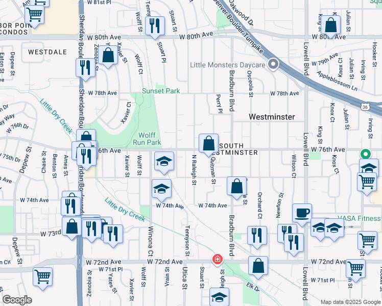 map of restaurants, bars, coffee shops, grocery stores, and more near 7574 Raleigh Street in Westminster