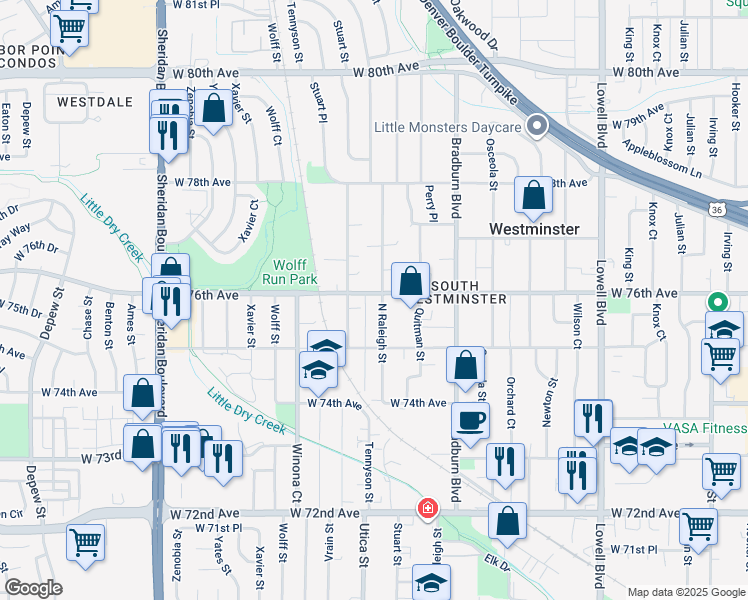 map of restaurants, bars, coffee shops, grocery stores, and more near 7574 Raleigh Street in Westminster
