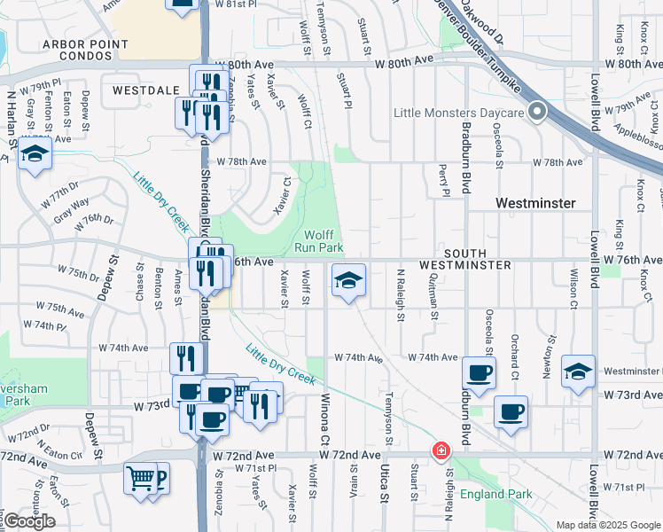 map of restaurants, bars, coffee shops, grocery stores, and more near 4671 West 75th Place in Westminster