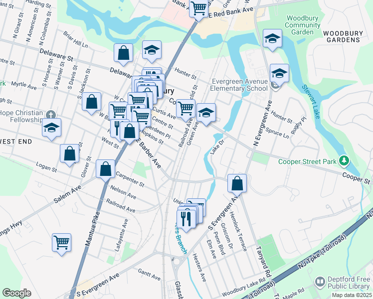 map of restaurants, bars, coffee shops, grocery stores, and more near 122-124 Green Avenue in Woodbury