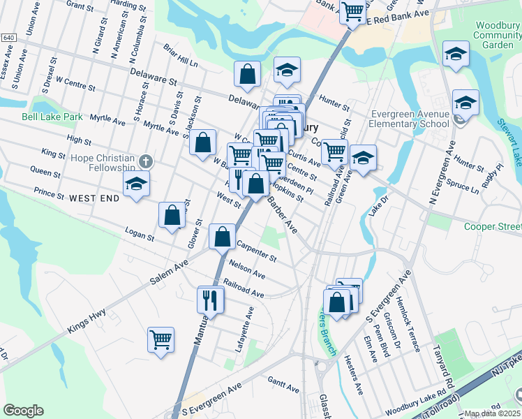 map of restaurants, bars, coffee shops, grocery stores, and more near 29 East Barber Avenue in Woodbury