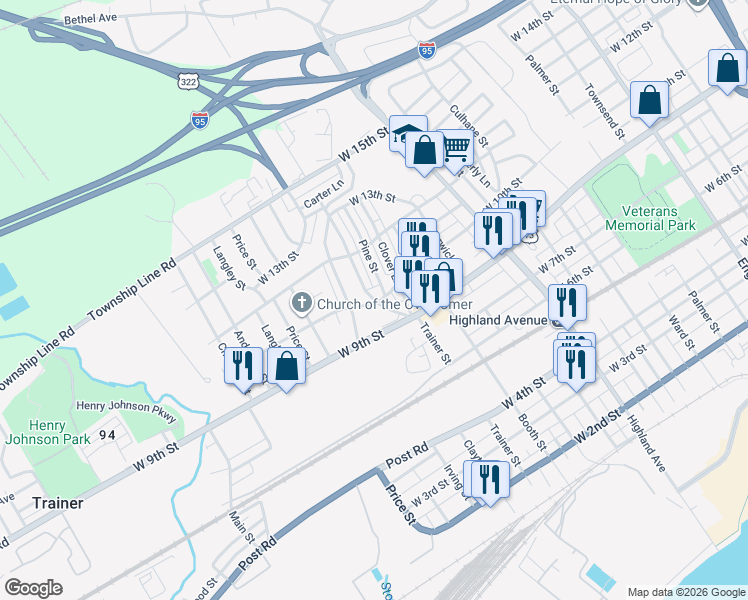 map of restaurants, bars, coffee shops, grocery stores, and more near 1004 Keystone Road in Chester