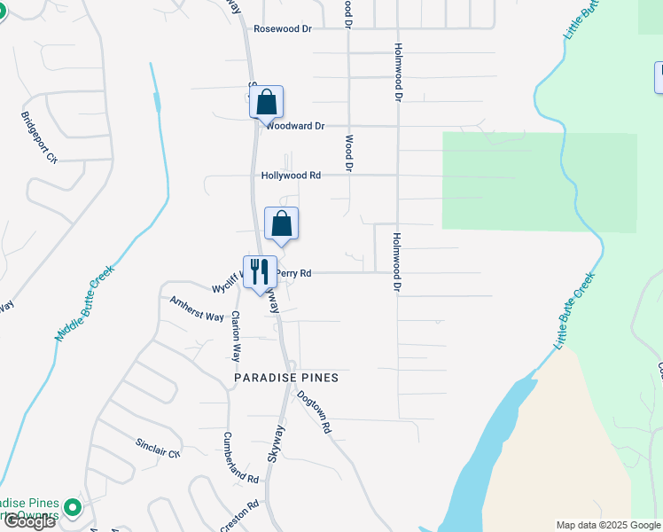 map of restaurants, bars, coffee shops, grocery stores, and more near 6487 Perry Road in Magalia