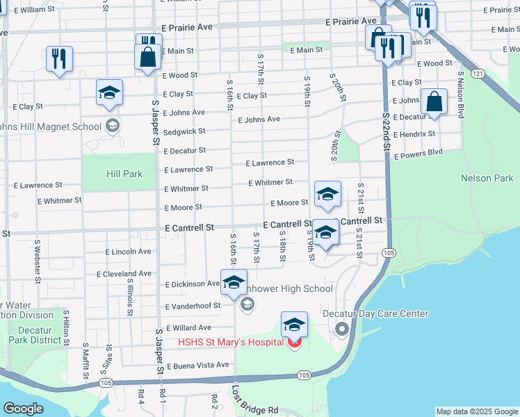 map of restaurants, bars, coffee shops, grocery stores, and more near 1665 East Moore Street in Decatur