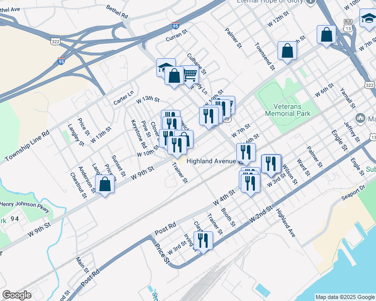 map of restaurants, bars, coffee shops, grocery stores, and more near 3027 West 9th Street in Chester