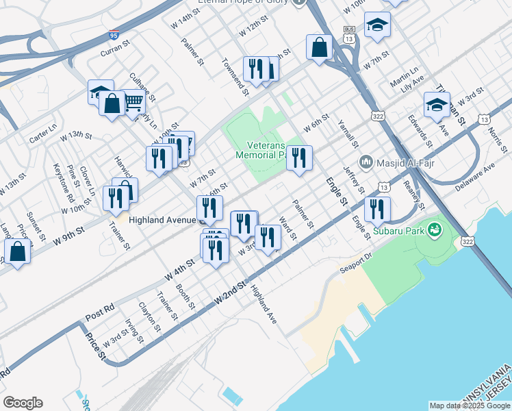 map of restaurants, bars, coffee shops, grocery stores, and more near 410 Wilson Street in Chester