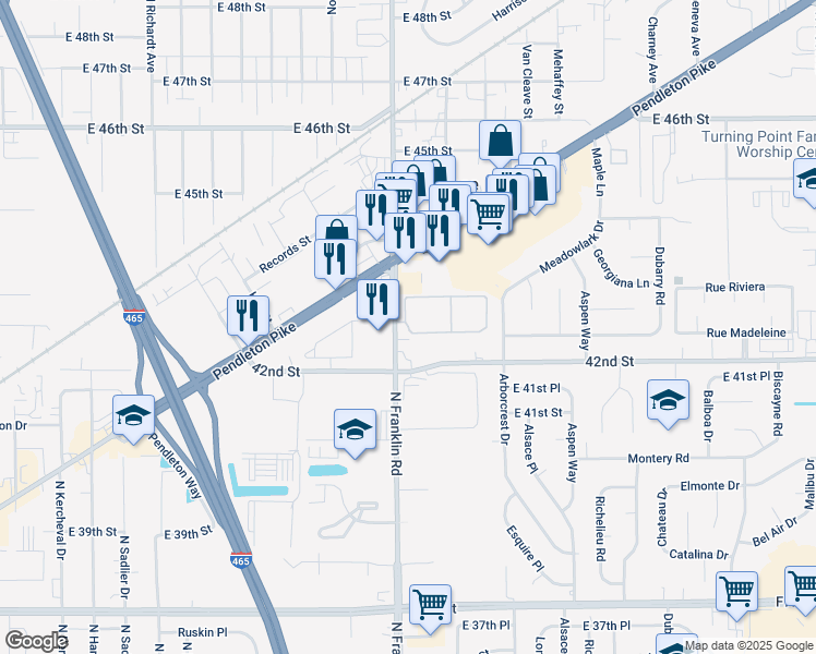 map of restaurants, bars, coffee shops, grocery stores, and more near 8016 East Louisville Way in Lawrence