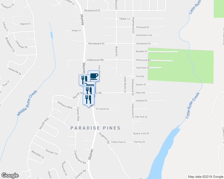 map of restaurants, bars, coffee shops, grocery stores, and more near 6487 Perry Road in Magalia