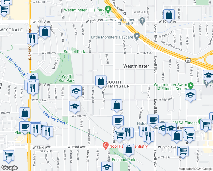 map of restaurants, bars, coffee shops, grocery stores, and more near 7562 Quitman Street in Westminster