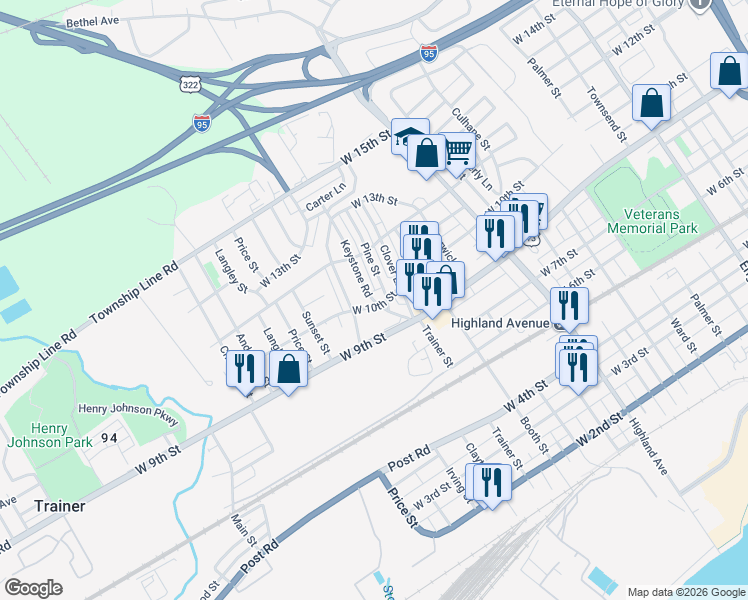 map of restaurants, bars, coffee shops, grocery stores, and more near 1004 Keystone Road in Chester