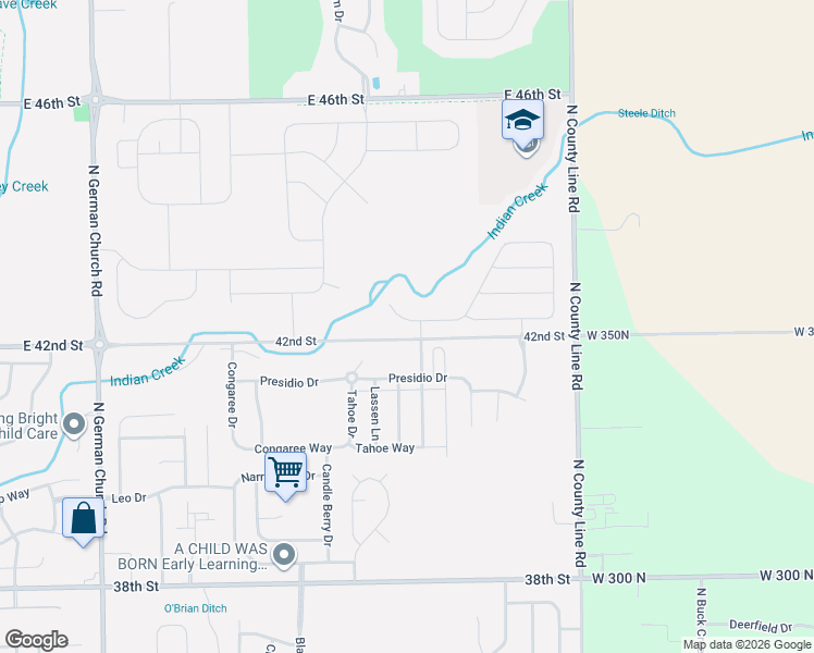 map of restaurants, bars, coffee shops, grocery stores, and more near 11717 East 42nd Street in Indianapolis