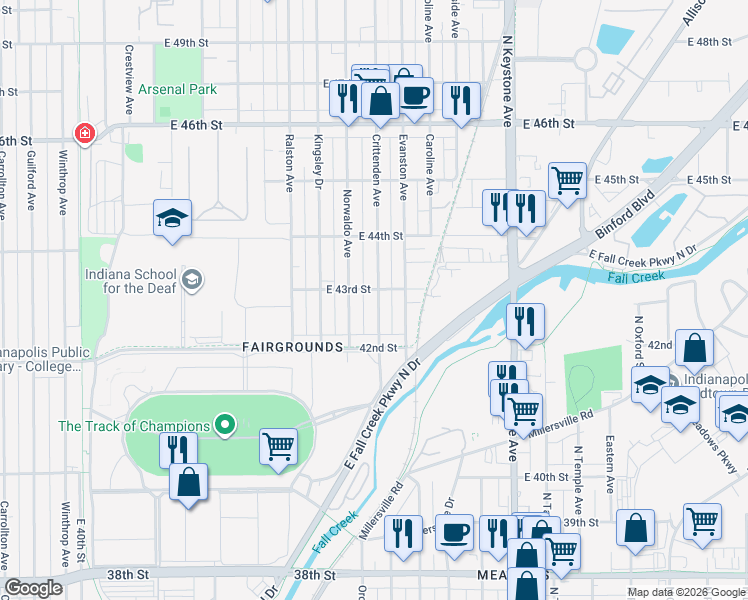 map of restaurants, bars, coffee shops, grocery stores, and more near 4239 Norwaldo Avenue in Indianapolis