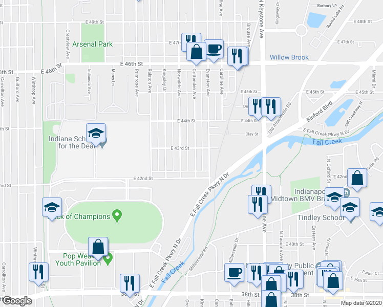 map of restaurants, bars, coffee shops, grocery stores, and more near 4239 Norwaldo Avenue in Indianapolis