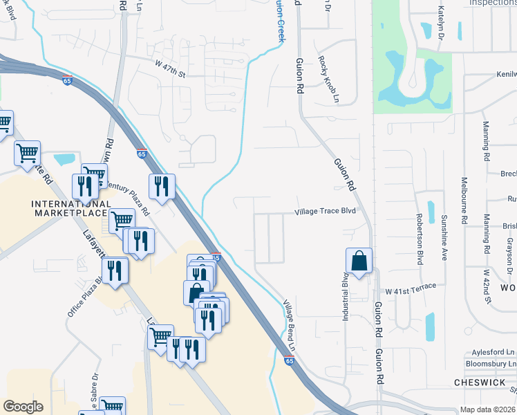 map of restaurants, bars, coffee shops, grocery stores, and more near 4325 Village Bend Lane in Indianapolis