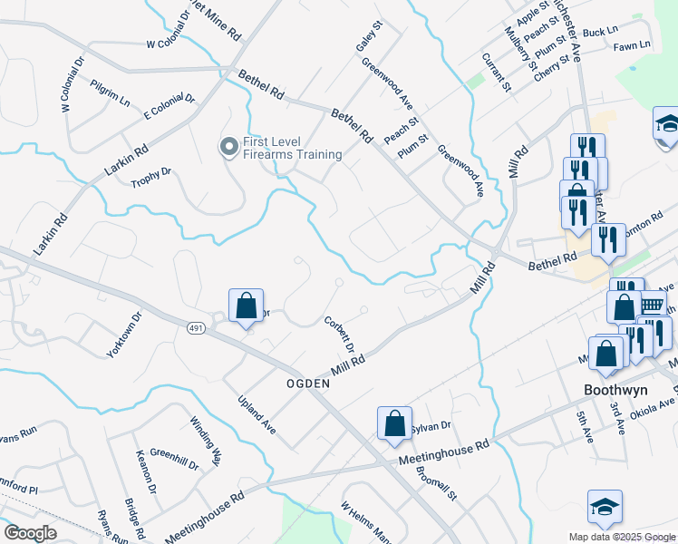 map of restaurants, bars, coffee shops, grocery stores, and more near 64 Brentwood Road in Delaware County