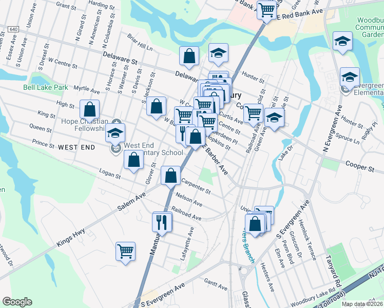map of restaurants, bars, coffee shops, grocery stores, and more near 210 South Broad Street in Woodbury