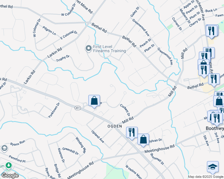 map of restaurants, bars, coffee shops, grocery stores, and more near 7 Brentwood Road in Delaware County