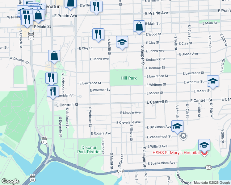 map of restaurants, bars, coffee shops, grocery stores, and more near 936 East Moore Street in Decatur
