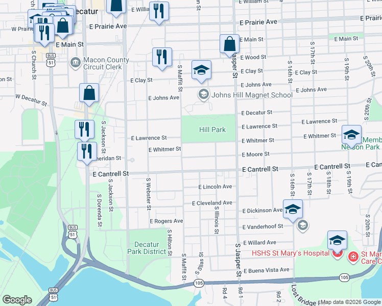 map of restaurants, bars, coffee shops, grocery stores, and more near 935 East Moore Street in Decatur