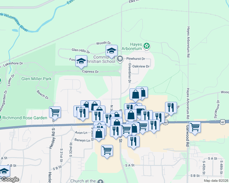 map of restaurants, bars, coffee shops, grocery stores, and more near 308 Elks Road in Richmond