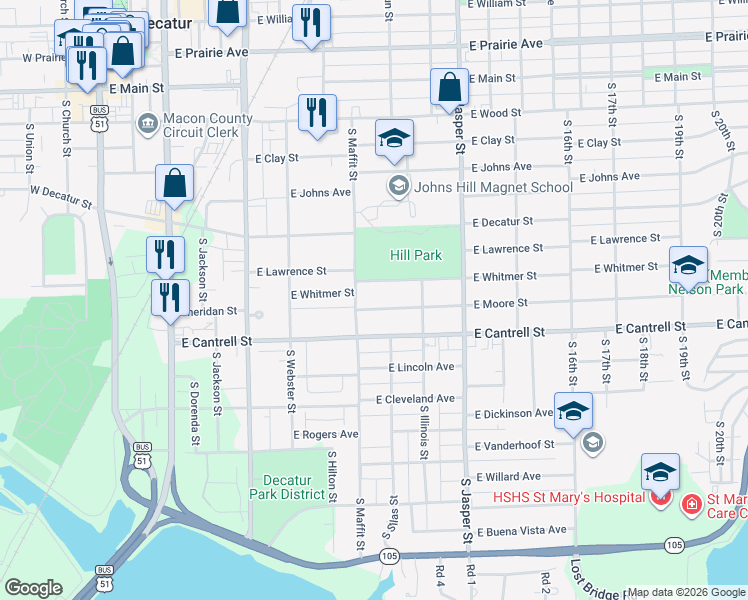 map of restaurants, bars, coffee shops, grocery stores, and more near 935 East Moore Street in Decatur