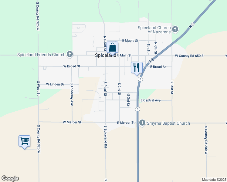 map of restaurants, bars, coffee shops, grocery stores, and more near 106 East Central Avenue in Spiceland