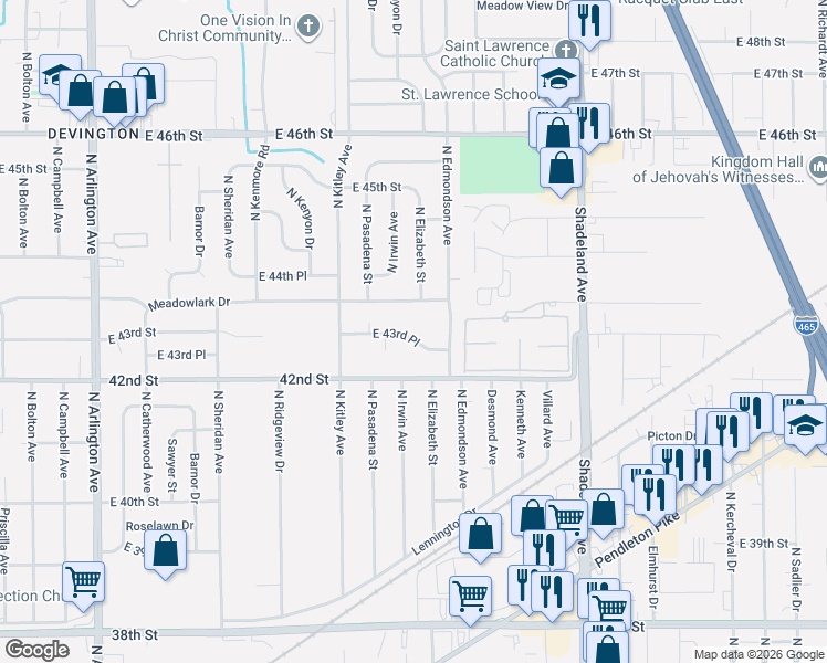 map of restaurants, bars, coffee shops, grocery stores, and more near 6714 East 43rd Place in Indianapolis