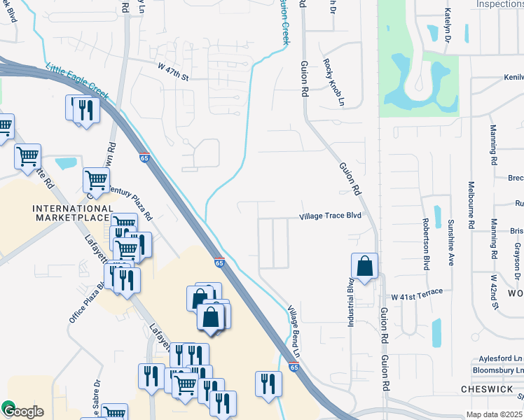 map of restaurants, bars, coffee shops, grocery stores, and more near 4347 Village Bend Lane in Indianapolis