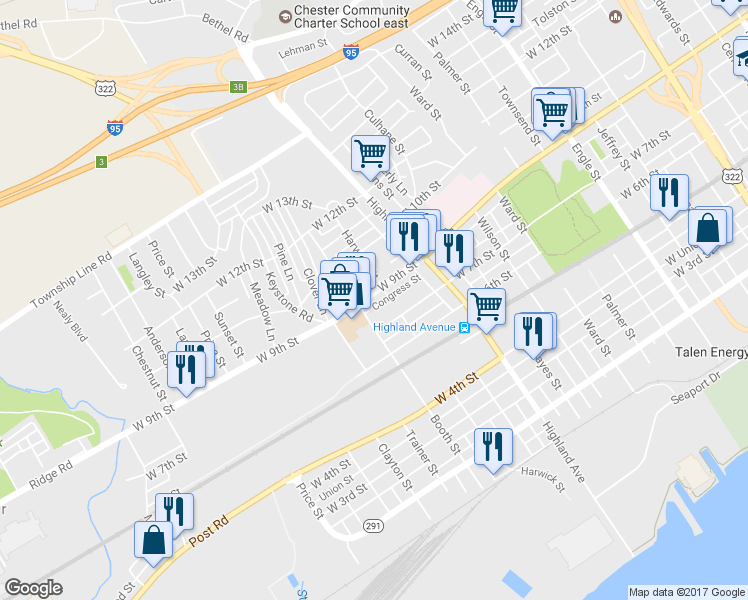 map of restaurants, bars, coffee shops, grocery stores, and more near 3015 West 9th Street in Chester