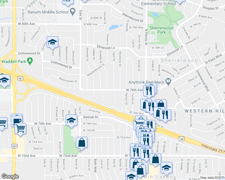map of restaurants, bars, coffee shops, grocery stores, and more near 3333 Regis Boulevard in Denver