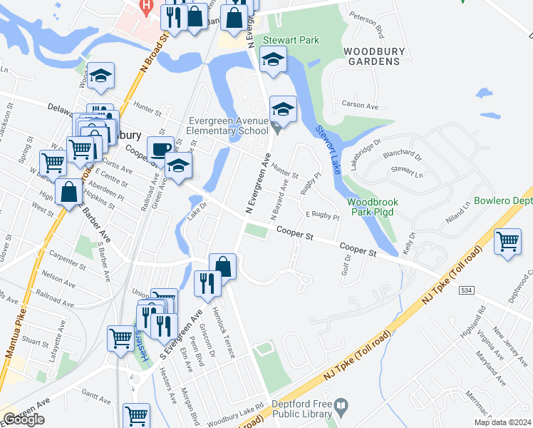 map of restaurants, bars, coffee shops, grocery stores, and more near 415 Cooper Street in Woodbury