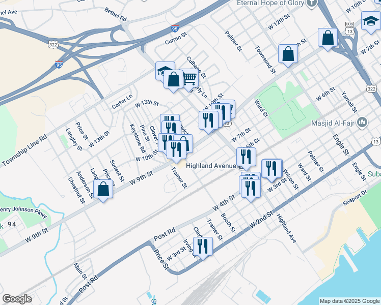 map of restaurants, bars, coffee shops, grocery stores, and more near 3015 West 9th Street in Chester