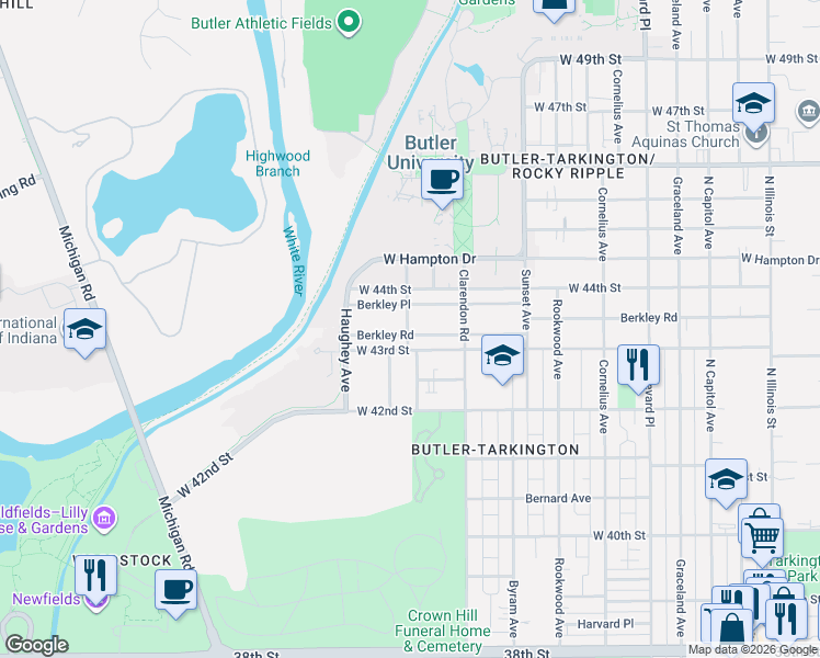 map of restaurants, bars, coffee shops, grocery stores, and more near 758 West 43rd Street in Indianapolis