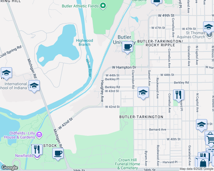 map of restaurants, bars, coffee shops, grocery stores, and more near 840 West 43rd Street in Indianapolis