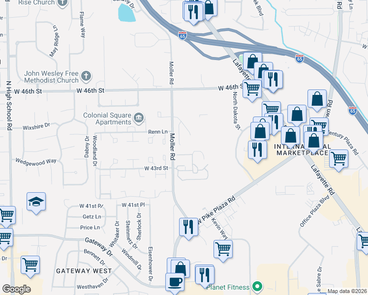 map of restaurants, bars, coffee shops, grocery stores, and more near 5457 Grouse Court in Indianapolis