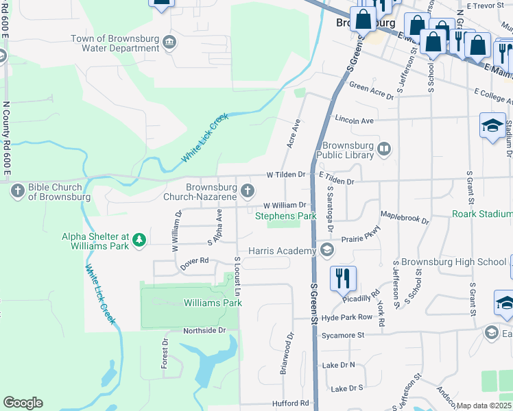 map of restaurants, bars, coffee shops, grocery stores, and more near 121 West William Drive in Brownsburg