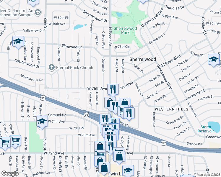 map of restaurants, bars, coffee shops, grocery stores, and more near Pecos St & W 76th Ave in Sherrelwood
