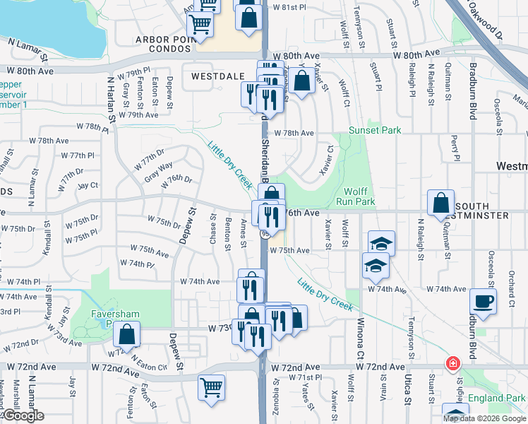 map of restaurants, bars, coffee shops, grocery stores, and more near Sheridan Blvd & W 76th Ave in Westminster