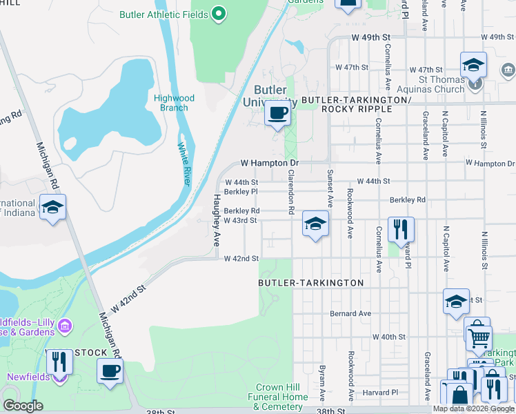 map of restaurants, bars, coffee shops, grocery stores, and more near 758 West 43rd Street in Indianapolis